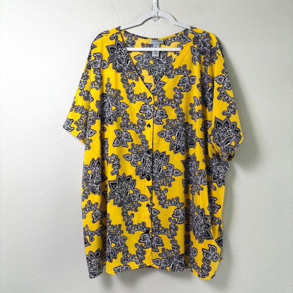 Catherines Button Up Top Size 4X 30 32 W Yellow Black Floral Short Sleeve V Neck - Picture 1 of 10